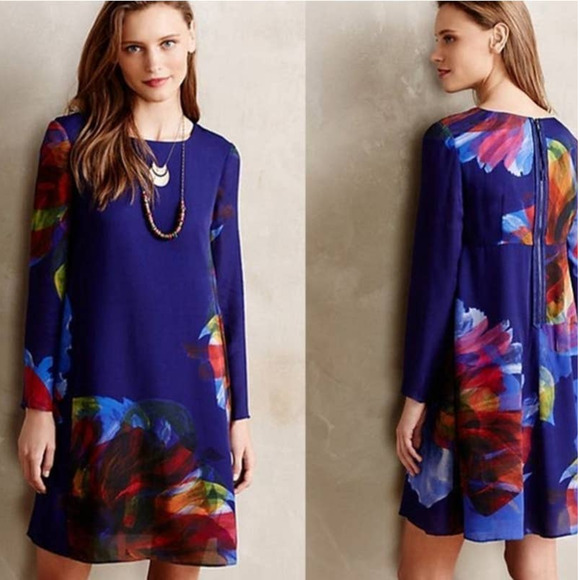 Anthropologie Leifsdottir Women's S Watercolor Silk Colorful Floral  Mini Dress - Picture 1 of 6